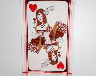 Vintage Scandinavian 100% Cotton Queen of Hearts Tea Towel, Retro Mid Century Kitchen Decor