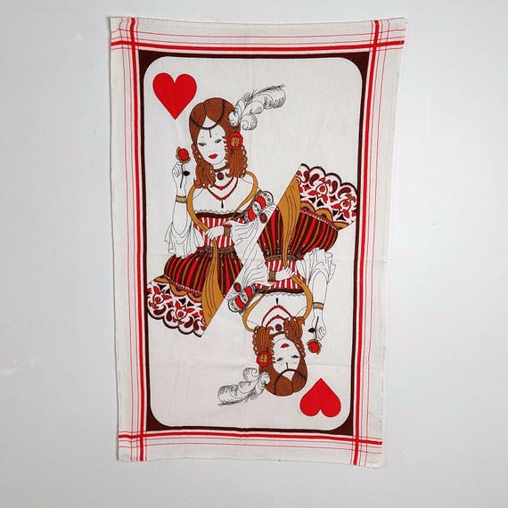 Vintage Scandinavian 100% Cotton Queen of Hearts Tea Towel, Retro Mid Century Kitchen Decor