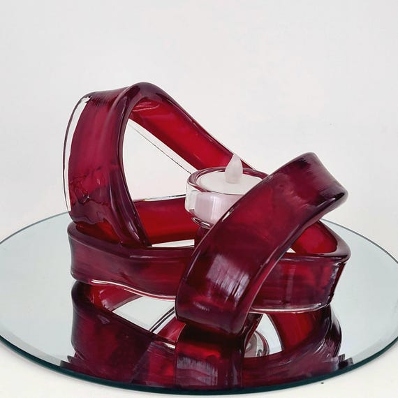 Red Art Glass Infinity Knot Tealight Candle Holder Hand Blown Twisted Abstract Sculpture Decor