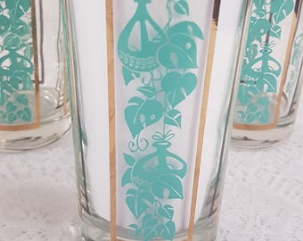 Vintage 1960s Turquoise Blue 12oz Barware Drinking Glasses with Plant Motif - Mid Century Modern