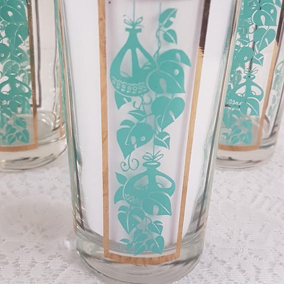 Vintage 1960s Turquoise Blue 12oz Barware Drinking Glasses with Plant Motif - Mid Century Modern