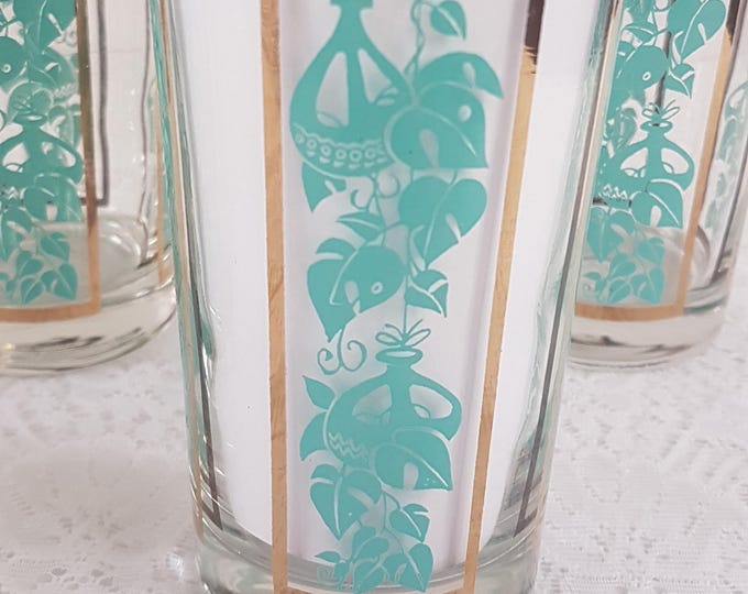 1960s Turquoise Blue 12oz Drinking Glasses with Plant Motif