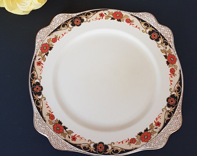 Royal Staffordshire SUSSEX Dinner Plate, Art Deco, Square Plate, Orange Flowers on Black, Gold Swirls, 1940s