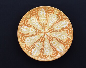 Ironstone Dinner Plates, Set of 4, Mount Clemens China, Abstract Medallion Sunburst in Terra Cotta Orange Yellow, Pattern MTC25, Made in USA