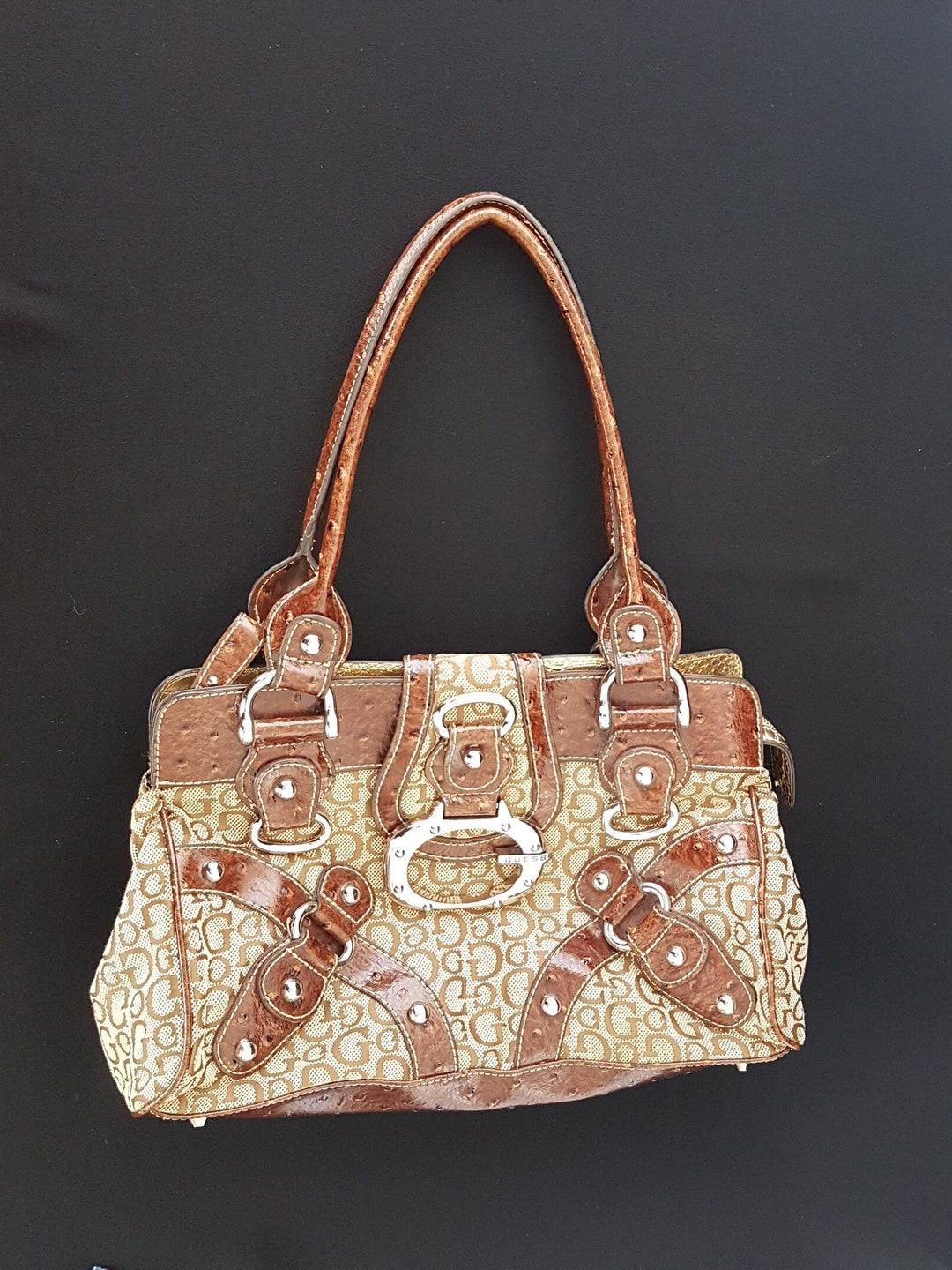 GUESS Baguette Bag, Brown Faux Ostrich Leather With Monogram, Vintage ...