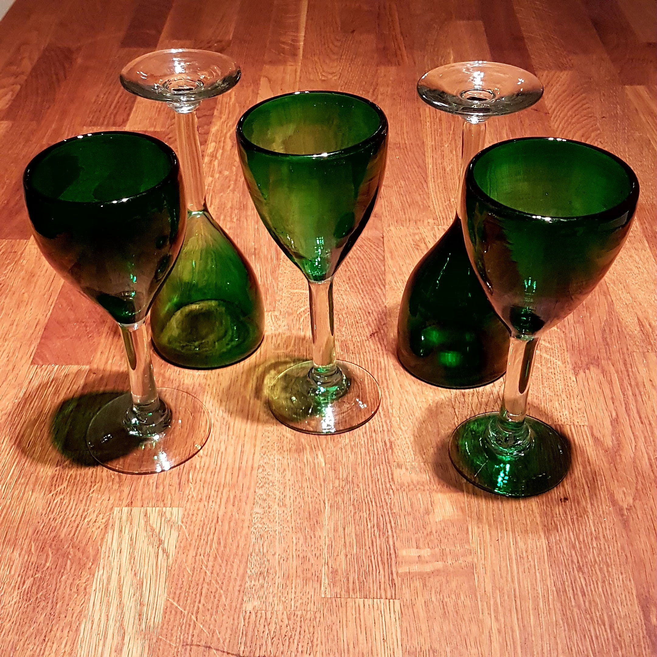 Set of 5 Green Hand Blown Wine Glasses