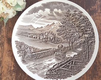 Vintage Brown Transferware Dinner Plates: Wood & Sons Westmorland Country Village Scene (Set of 3)