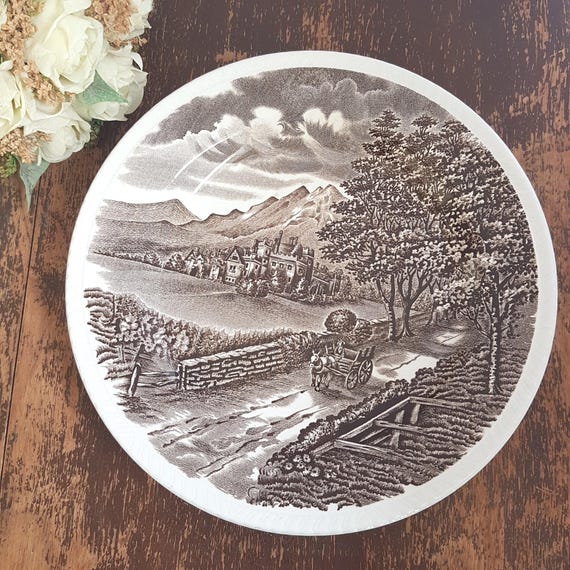 Vintage Brown Transferware Dinner Plates: Wood & Sons Westmorland Country Village Scene (Set of 3)