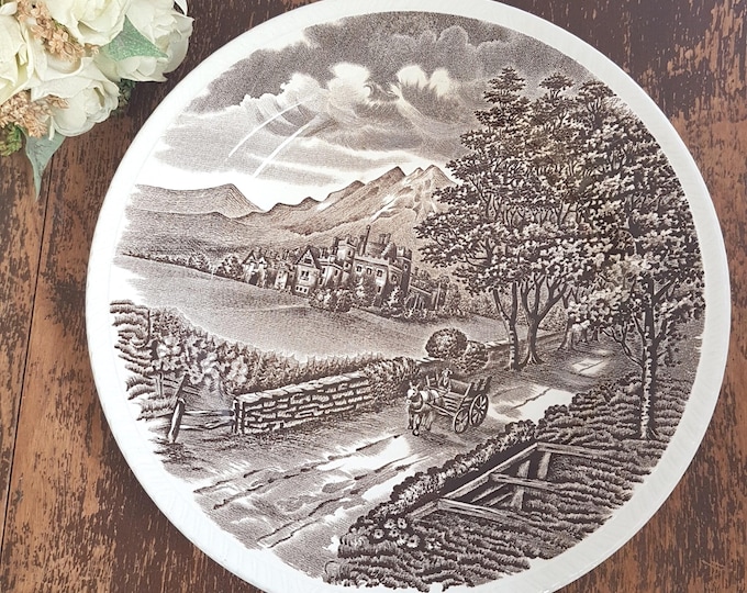 Vintage Brown Transferware Dinner Plates: Wood & Sons Westmorland Country Village Scene (Set of 3)