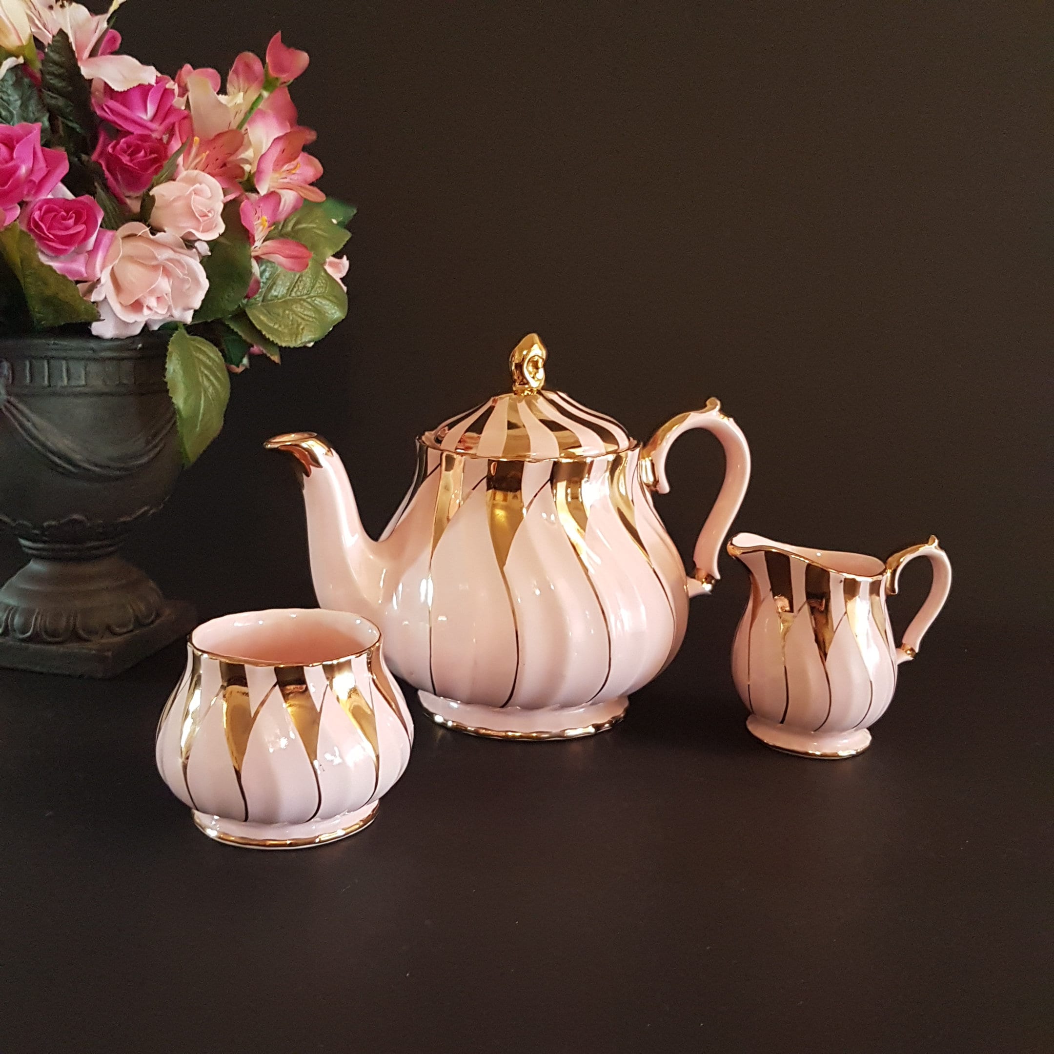 Vintage Sadler Pink Swirl Tea Set, Sadler 3145 Teapot Cream Sugar Set