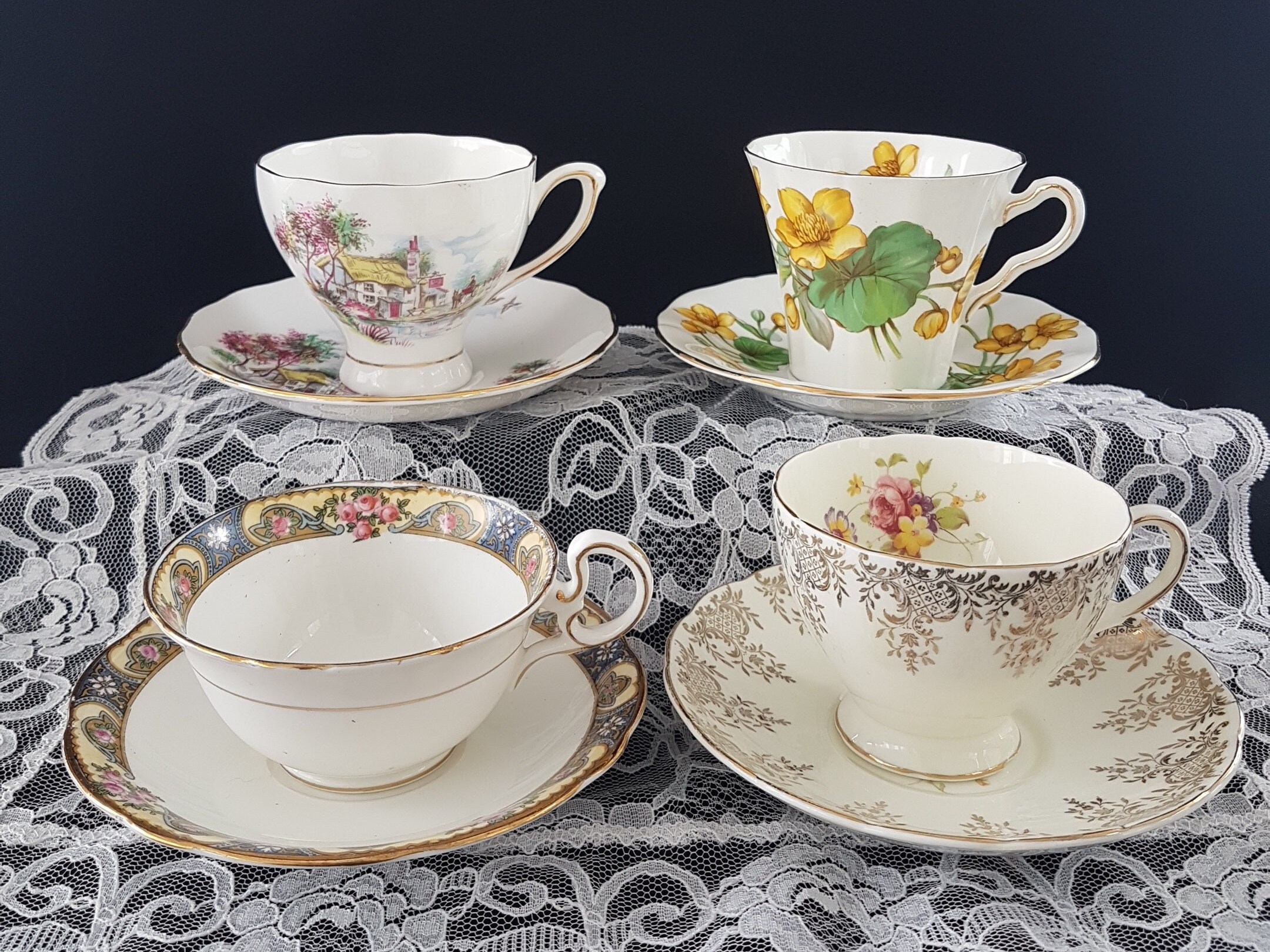 LOT of 4 Mismatched Tea Cups and Saucers, Bulk Vintage English Bone