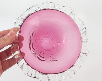 Chalet Rossi Cranberry Pink Blown Glass Candy Bowl with Clear Ruffled Rim