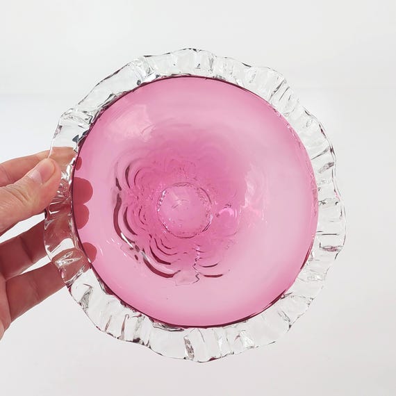 Chalet Rossi Cranberry Pink Blown Glass Candy Bowl with Clear Ruffled Rim