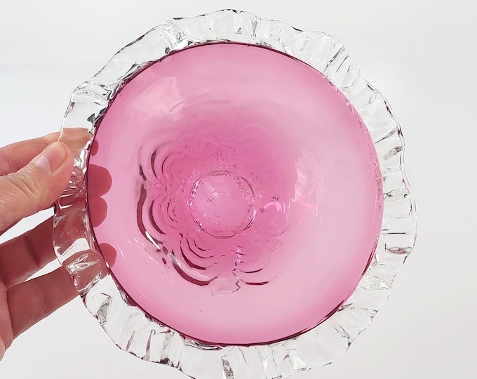 Chalet Rossi Cranberry Pink Blown Glass Candy Bowl with Clear Ruffled Rim