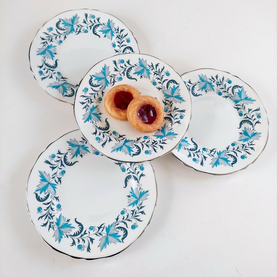 Vintage Grosvenor Debutante Bone China Bread Plates, Turquoise Platinum Set of 4