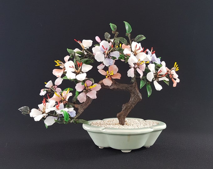 Vintage Glass Bonsai Tree, 9 x 11 Peachy Pink, Purple & White Flowering Artificial Plant, Faux Bonsai, Asian Oriental Decor