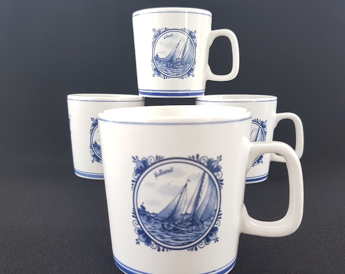 Delft Blue Coffee Mug Set of 4, Hand Painted Delftware Holland Souvenir