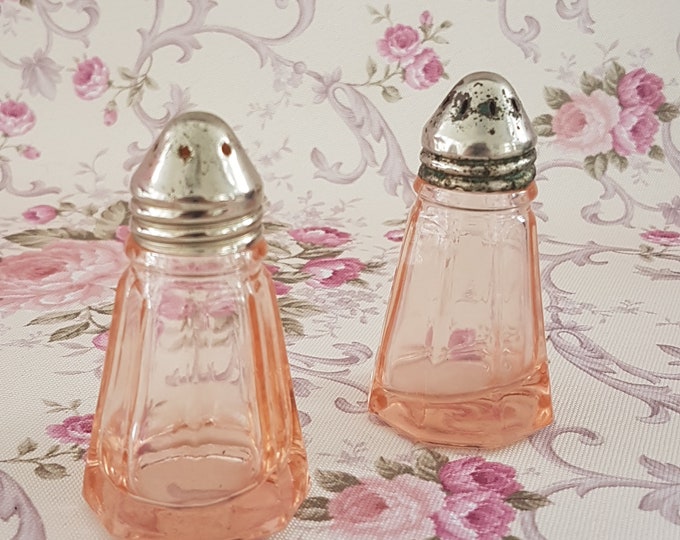 Hazel Atlas Pink Depression Glass Salt Pepper Shaker Set, Octagon Shape, 1930s