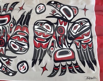 Indigenous Raven Silk Scarf by Native Artist Bill Helin - Elegant Neck Accessory for Women