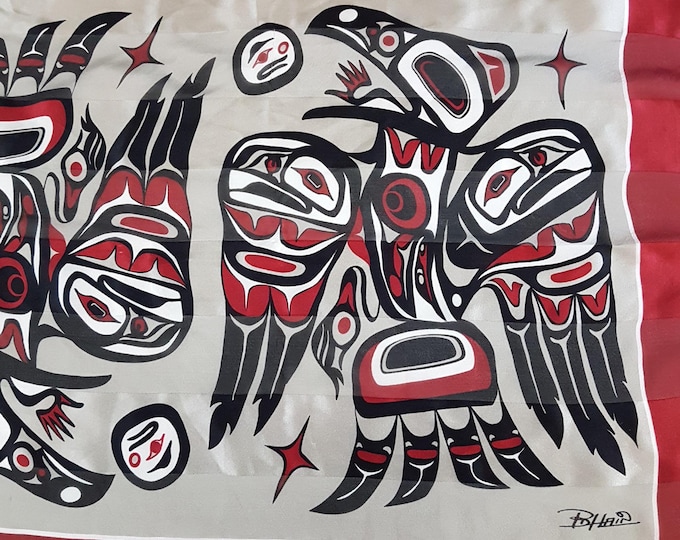 Indigenous Raven Silk Scarf by Native Artist Bill Helin - Elegant Neck Accessory for Women