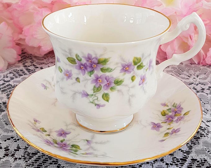 Vintage Queen Anne English Bone China Purple Spring Floral Tea Cup & Saucer with Gift Options