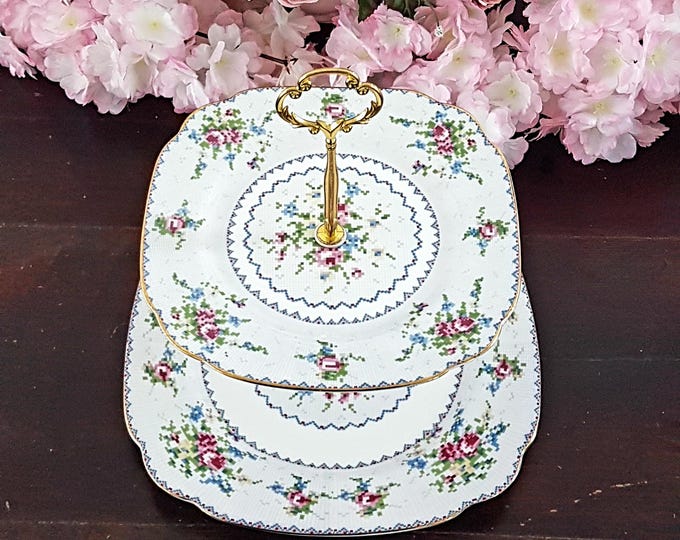 Royal Albert 2 Tier Cake Stand, Petit Point Square Tiered Plates, Bridgerton Dessert Stand, Serving Tray