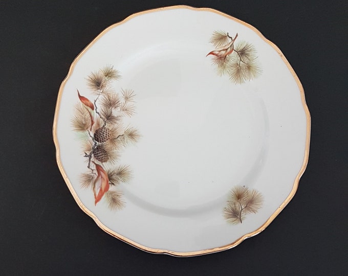 Dessert Salad Plates, Set of 4, PINE TREE, Fine Translucent China Japan, 8.25 Inch, Pine Cone, Pine Branches, Made in Japan