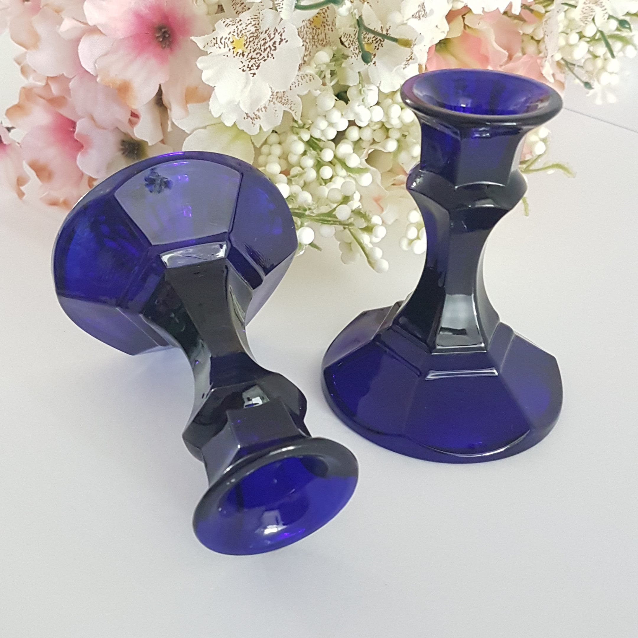 Matching Pair of Cobalt Blue Glass Taper Candlestick Holders, Vintage