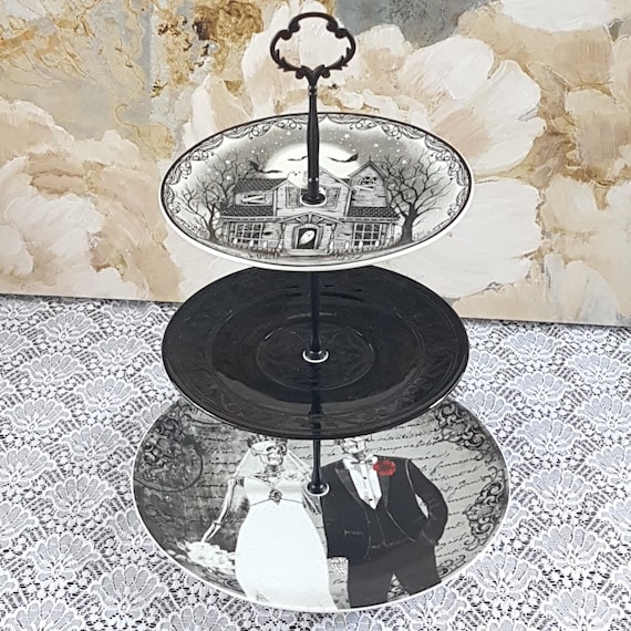 Spooky 3-Tier Skeleton Wedding and Haunted House Gothic Halloween Dessert Serving Stand