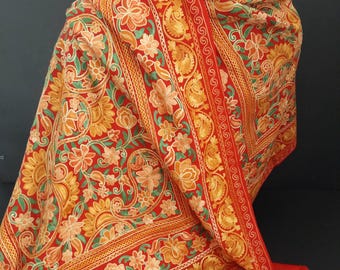 Red Kashmiri Floral Embroidered Oversized Shawl Ethnic Pashmina Shoulder Wrap