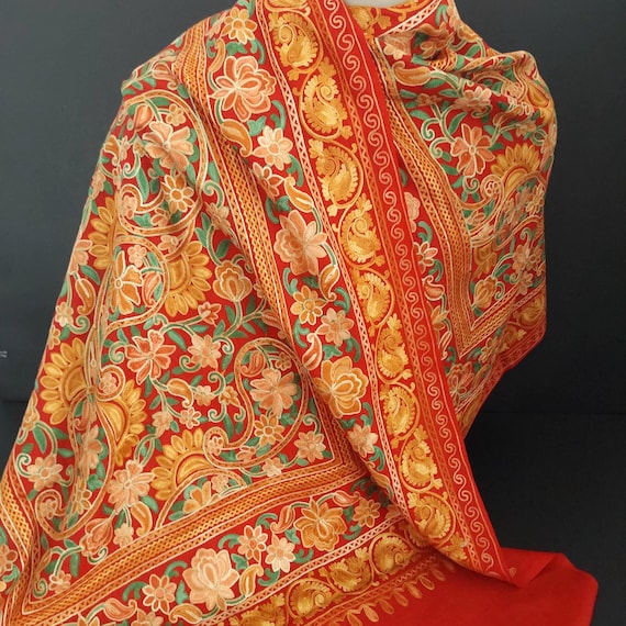 Red Kashmiri Floral Embroidered Shawl - Hand Embroidered Aari Wool Wrap - Vintage Paisley Pashmina - Luxury Boho Scarf - Wedding Guest Wrap