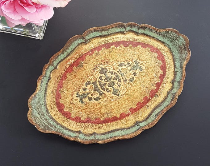 Vintage Italian Florentine Tray: Teal Blue Red & Gold Oval Vanity Serving Platter 14x9 inch, Made in Italy