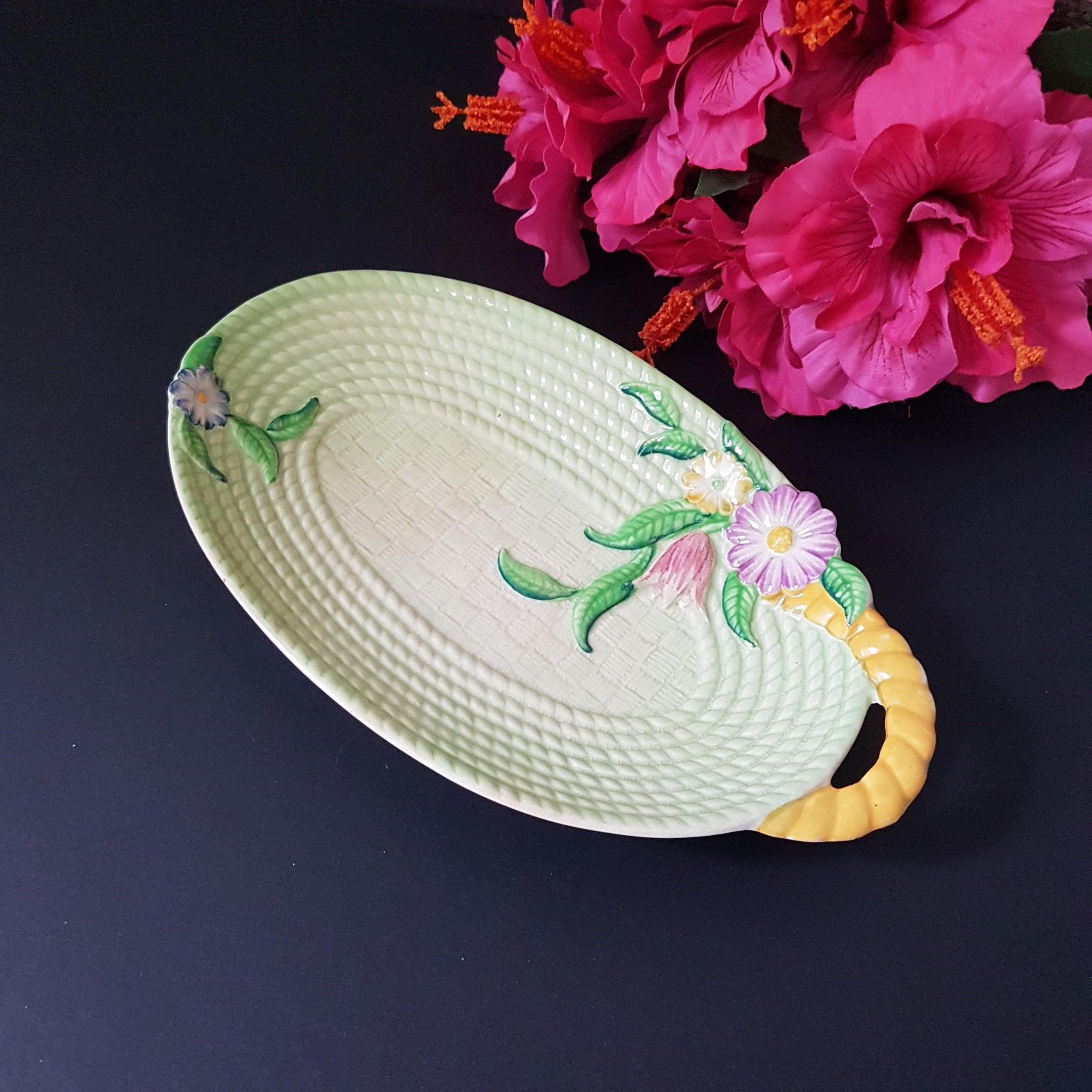 Carlton Ware, Australian Design, Floral Embossed, Green Basket Weave ...