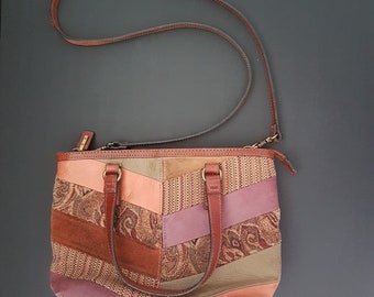 Vintage FOSSIL Purse, Patchwork Leather Suede Tapestry Fabric, Convertible Shoulder Bag to Top Handle