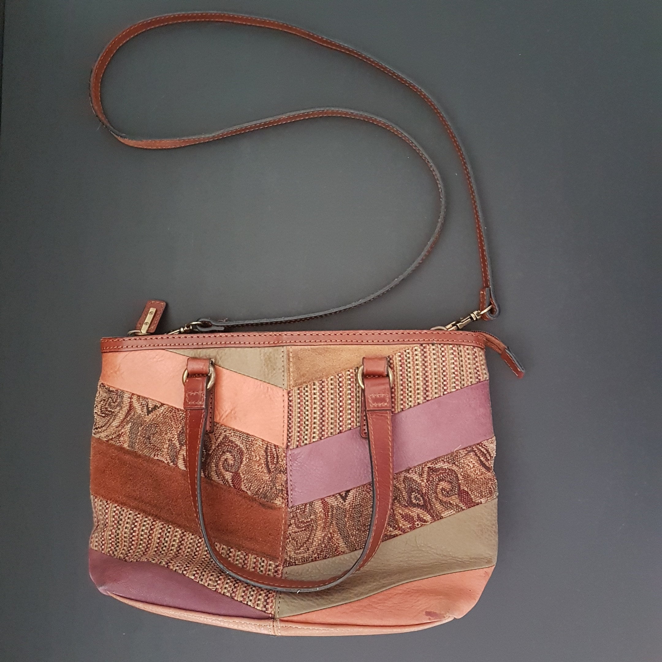 Vintage Fossil 1954 Tapestry Bag Satchel Purse Leather Handles 75082