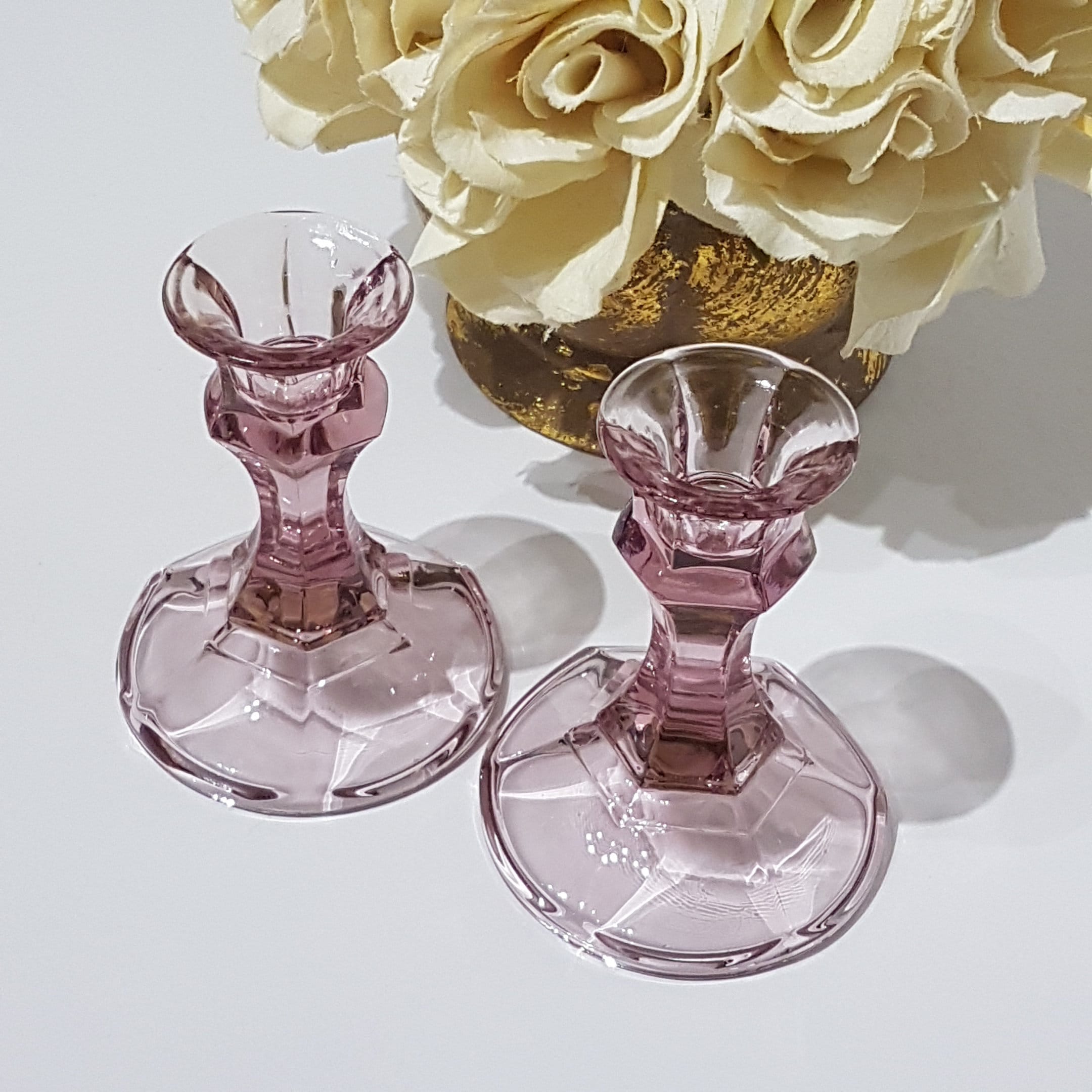 Pair of Vintage Pink Glass Candlestick Holders, Pink Glass Tapered Candle Holder