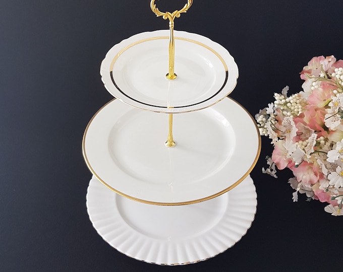 3 Tier Cake Stand, Mismatched All White Bone China Plates, Limoges, Royal Albert, Afternoon Tea Party, Serving Tray