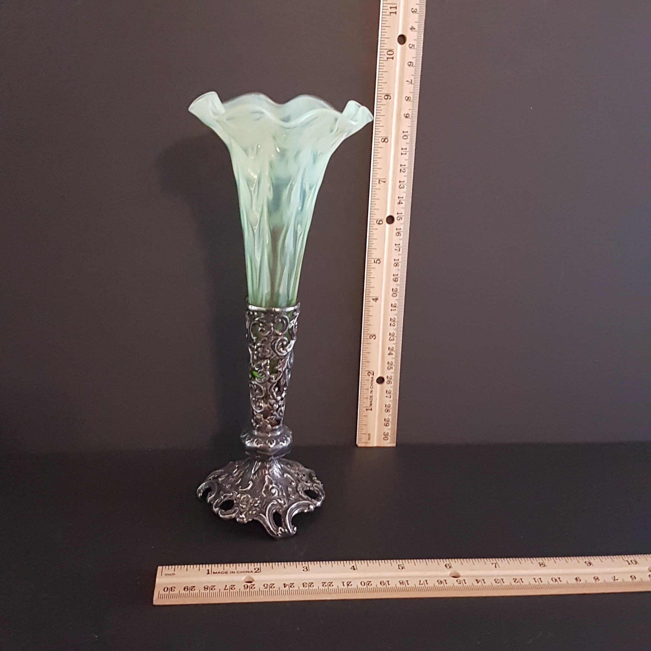Vintage Trumpet Bud Vase Green & White Art Glass Insert with Metal