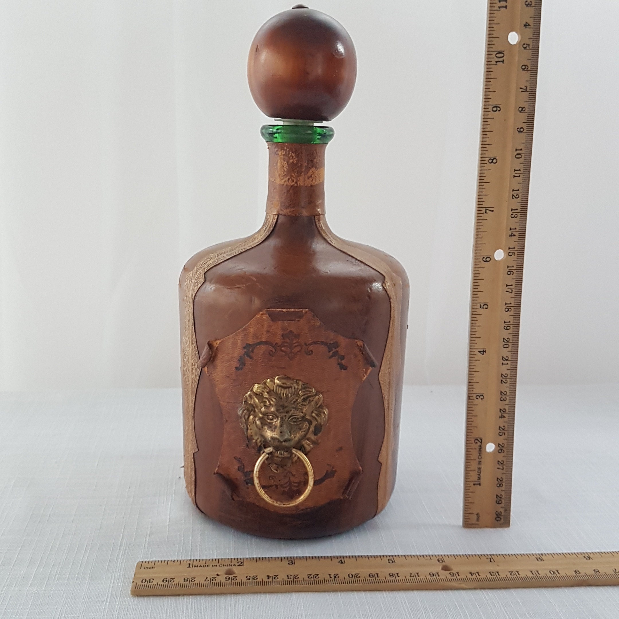 Vintage Leather Wrapped Bottle, Whiskey Decanter with Lion Metal