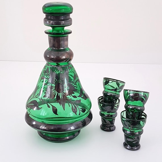 Emerald Green Italian Glass Decanter & 4 Shot Glass Set Made in Italy