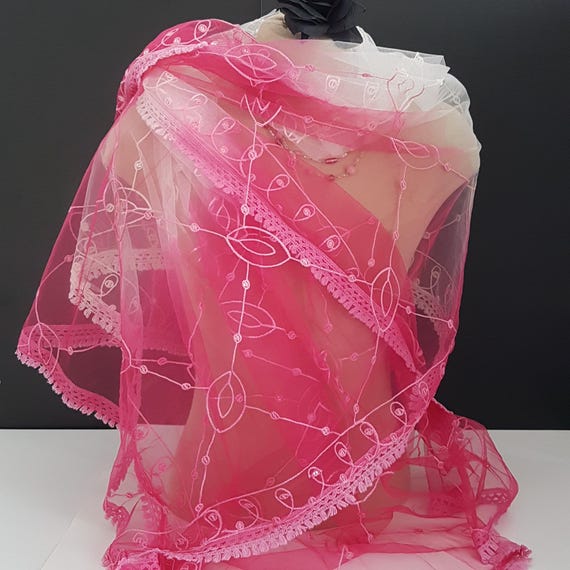 Hand-Embroidered Pink Net Saree with Scalloped Lace Border