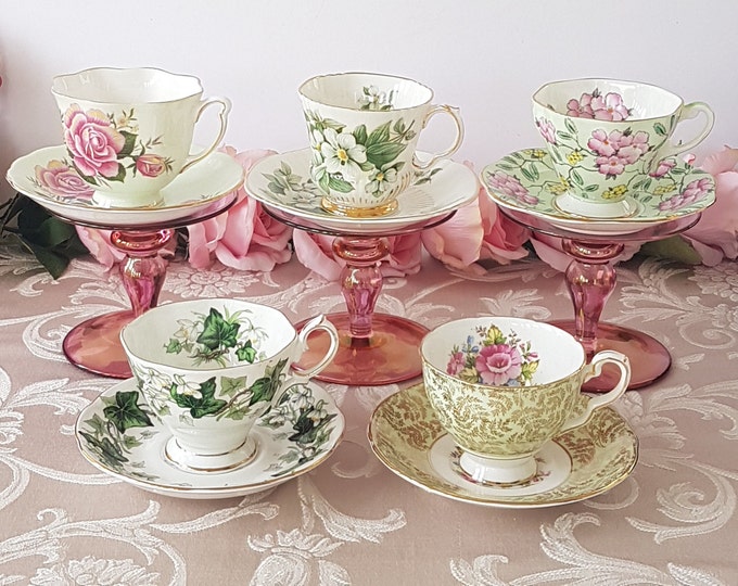 Bulk Lot of 5 Green Tea Cups and Saucers, English Bone China, High Tea, Bridal Shower, Baby Shower, Vintage Tea Cups