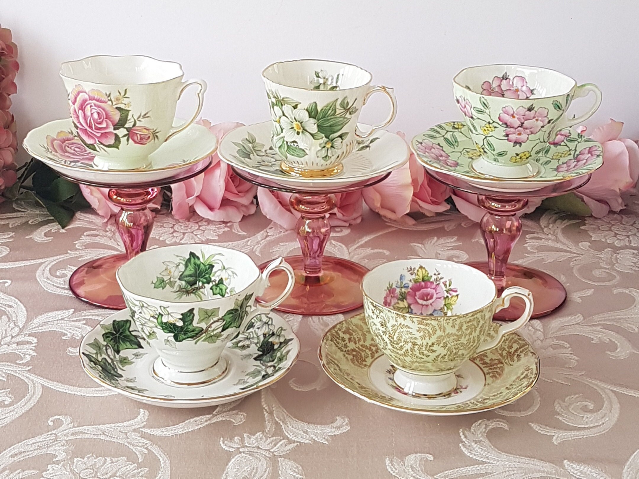 Bulk Lot of 5 Green Tea Cups and Saucers, English Bone China, High Tea