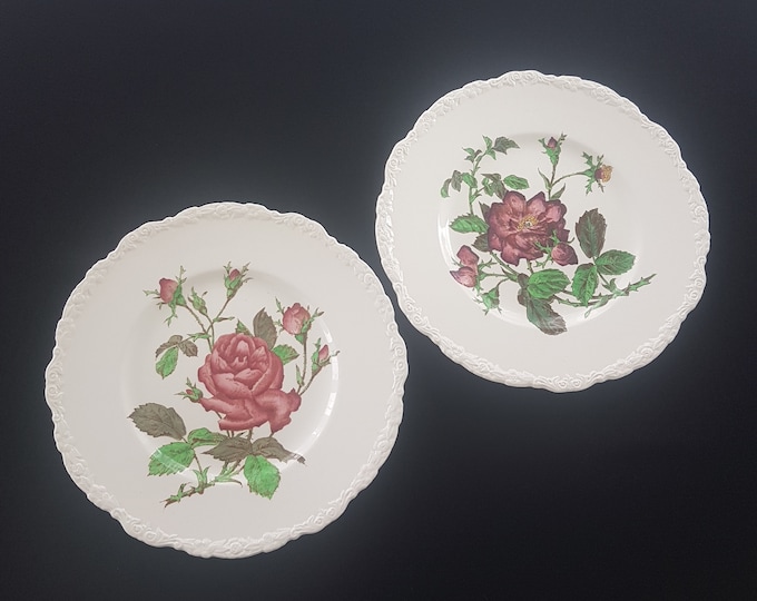 Mismatched Floral Dinner Plates, Cauldon England, 11 inch, Set of 2, Floral Scroll Embossed Rim, Made in England, 1930s