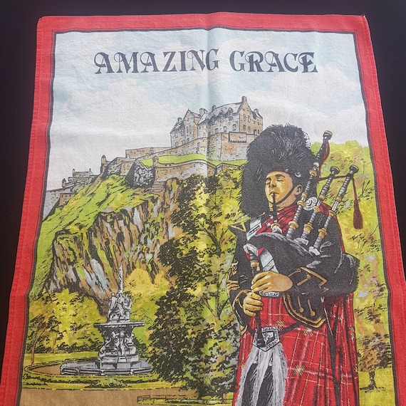 Vintage Grace Cotton Tea Towel, Scottish Bagpiper, Made in UK