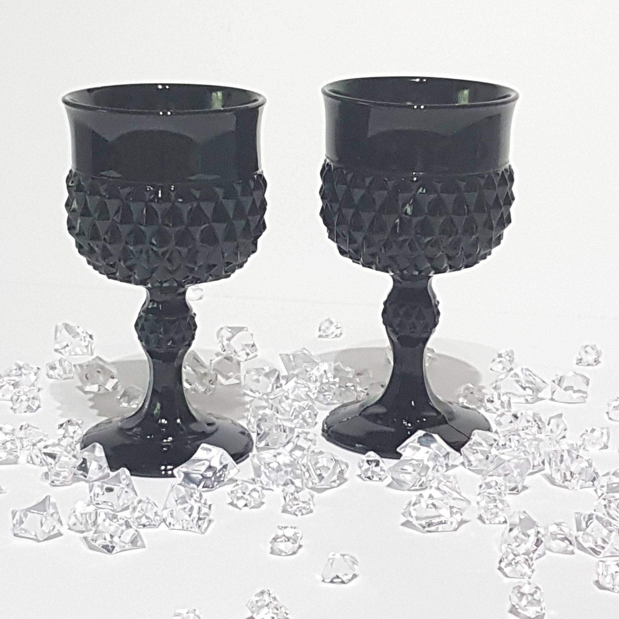 Set of 2 Indiana Glass Cameo Black Diamond Point Wine Glasses, Solid
