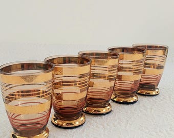 Vintage Mid-Century Bohemian Amber Crystal Shot Glasses – Set of 5, Gold Gilded Gilt Striped Barware, MCM Retro Liqueur Glasses