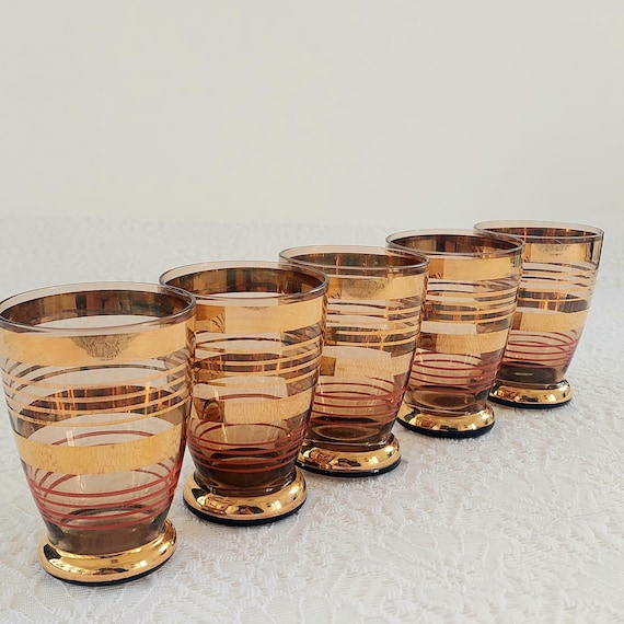 Vintage Amber Crystal Shot Glasses – Set of 5, Gold Gilded Striped MCM Barware
