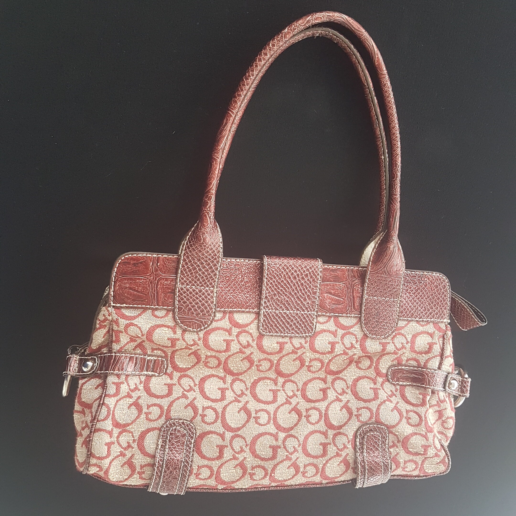 GUESS Hobo Shoulder Bag, Tan Fabric with Burgundy Red Monogram ...