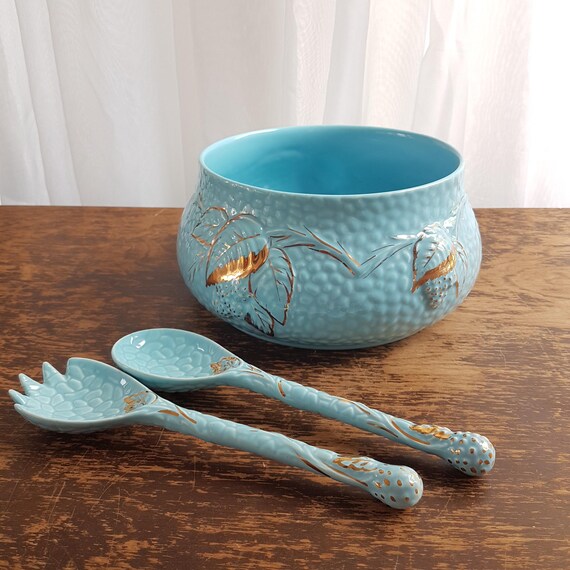 Wade GOLDEN TURQUOISE Salad Bowl with Salad Servers, Mid Century, England, 1950s-1960s
